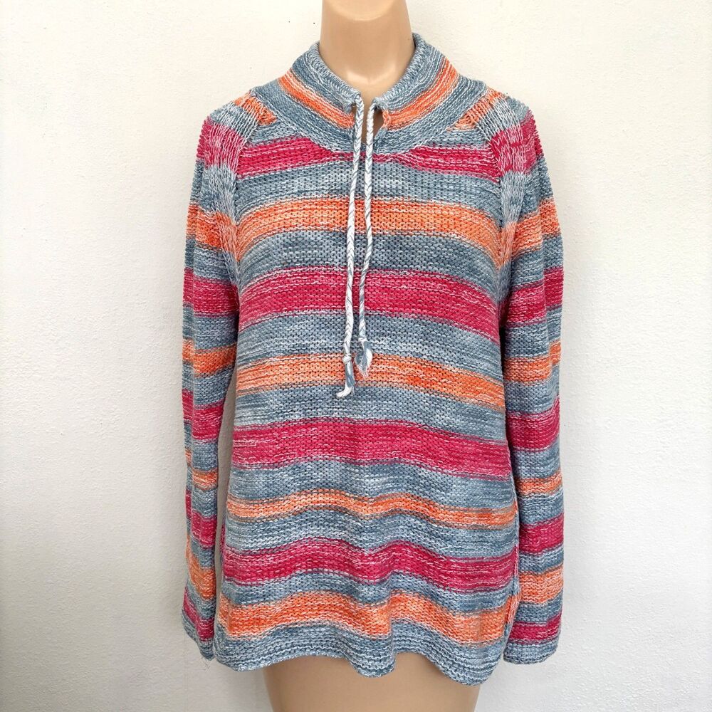 J Jill Womens Rainbow Stripe Sweater Medium Beach Colorful Coastal Fisherman